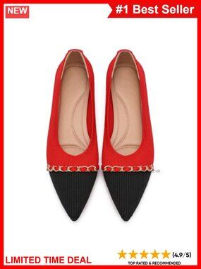 Women's Pointed Toe Knit Ballet Flats Chain Mary Jane Comfort Work Shoes
